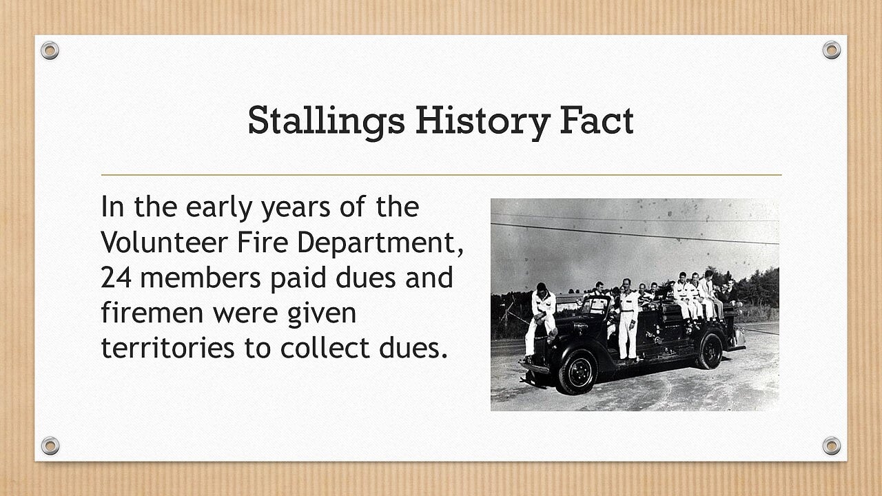 In the early years of the Volunteer Fire Department, 24 members paid dues and firemen were given territories to collect dues.